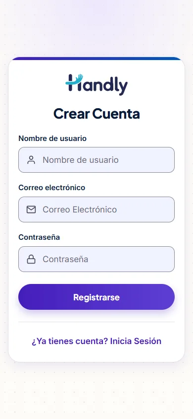 Pantalla de registro de handly.cl en celular